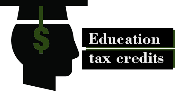 silhouette of college graduate with dollar sign tassel and words education tax credits 