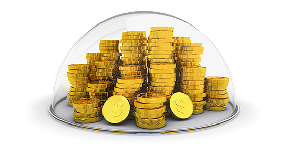 stacks of gold coins under glass dome