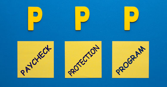 blue background with 3 yellow letter P above post it notes.  First post it reads paycheck, second post it reads protection, and third post it reads program