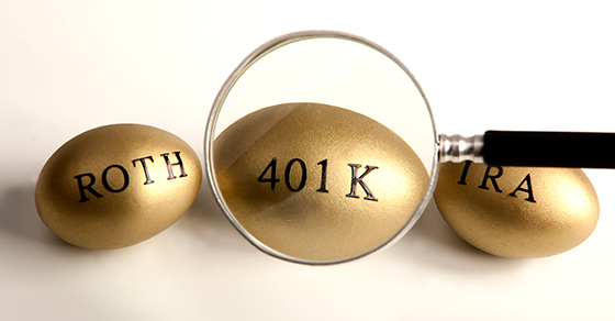 3 golden eggs, first says Roth, second has magnifying glass over it and reads 401k and third says IRA