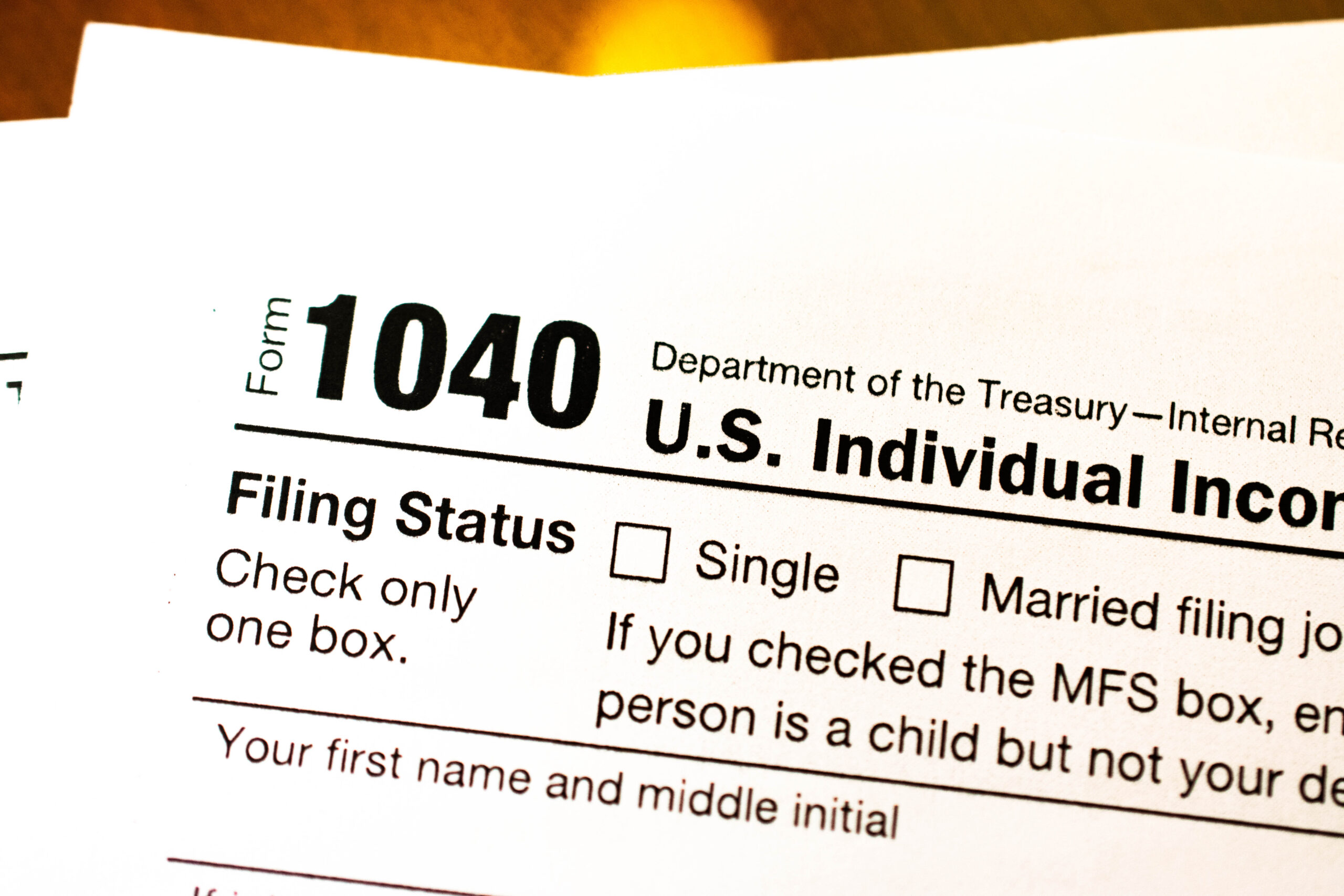 close up of tax form 1040 upper left corner