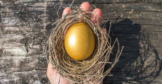 hand holding a nest containing a golden egg 
