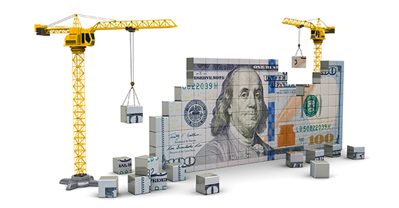 3d illustration of two cranes building 100 dollars