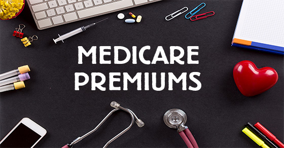black background with words Medicare premiums in white capital letters.  Words are surrounded by miscellaneous medical devices such as a stethoscope, syringe, blood vials, pills, etc.