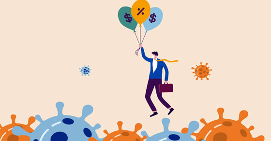 vector image of man holding brief case being carried by 3 balloons over vector virus images.  Green balloon has dollar sign on it, yellow balloon has percent symbol on it, and light blue balloon has dollar sign on it.