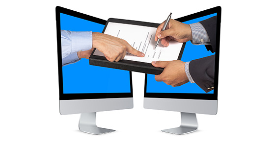 two computer monitors facing each other.  Hands coming out of both monitors holding papers to sign, one side is signing while other side is pointing where to sign.