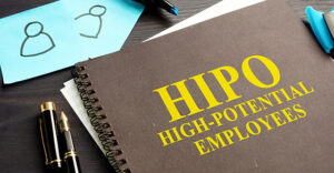 brown spiral bound notebook that says HIPO
High-Potential Employees written in yellow on cover