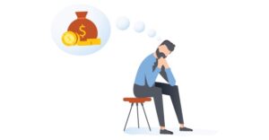 clip art of man sitting thinking with a thought bubble coming from his head.  Thought bubble has money bag and coins showing in his thoughts.