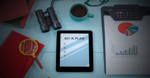 vector image of tablet showing screen with 401k plan followed by empty bullet points numbered up to 4.  Tablet is surrounded by pie and bar chart on right, coffee cup and binoculars above and note book with magnifying glass to the left