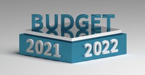 box turned at angle so year 2021 is seen on left side and 2022 is shown on right side.  On top of box is word budget