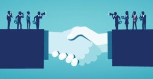 vector of two arms coming together in a handshake.  One each arm is a team of employees with megaphones yelling to each other