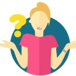 vector of woman holding hands out with questioning look on face. Yellow question mark next to her