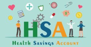 cartoon graphic with letters HSA surrounded by floating icons representing medical items such as pills, stethoscope, heart, piggy bank, doctor, and bullseye
