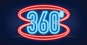 neon sign with 360 degrees with red neon circles around top and bottom