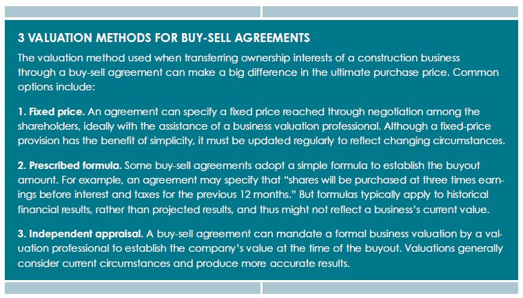 a list of 3 valuation methods for buy-sell agreements
