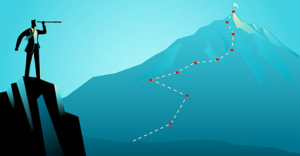 vector of person standing on a cliff looking through a telescope to a mountain in the distance. A path with checkpoints leads up the distant mountain.
