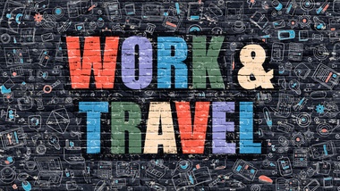 Work and Travel Concept. Work and Travel Drawn on Dark Wall in Multicolor.