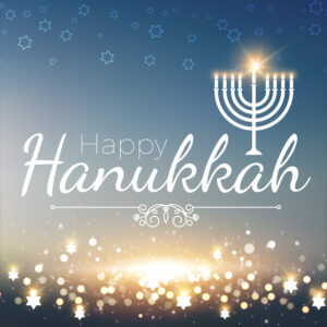 Happy Hanukkah Shining Background with Menorah, David Star and Bokeh Effect.