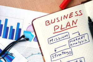 Notepad with words business plan concept and glasses
flow chart showing business plan at top and then flows to mission, market analysis, and strategy before being cut off