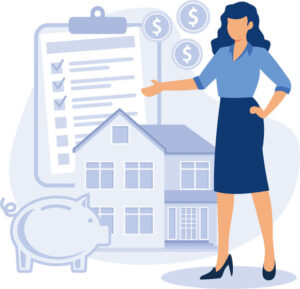 The photo shows a illustration of a woman standing in front of a house with a clipboard and a piggy bank. The woman is gesturing towards the clipboard in her left hand and the piggy bank is in the right hand corner. Near the woman's shoulder are dollar signs representing the taxes due