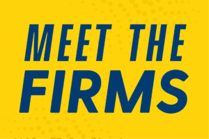 yellow background with blue words that reads Meet the Firms