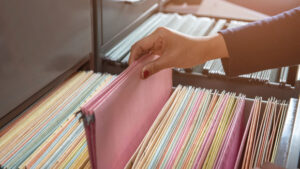 Important documents and records in files placed in the filing cabinet
