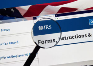 IRS resources website with magnifying glass over link for forms.