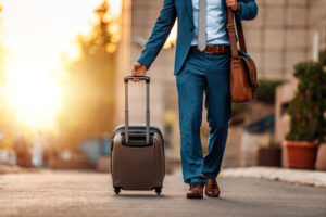 Portrait of a young businessman with a suitcase. Business travel concept.
