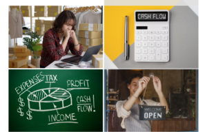 collage of 4 images. Top left is a young business owner reviewing documents on a laptop with a calculator on the table next to her. She is surrounded by inventory. The top right image is a calculator that has the words cash flow on the screen and a pen next to it. The lower left is a Handwritten Cash Flow pie chart on a blackboard. The lower right is a smiling shop owner hanging a welcome we are open sign in the door of a small business.