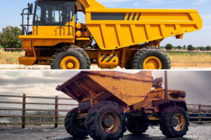 two photos stacked on top of each other, the top photo is a new yellow dump truck while the bottom photo shows an older used version of the same dump truck indicating depreciation of the heavy machinery