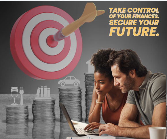 background showing stacks of coins with different goals on the top of the stacks such as food, entertainment, housing, and cars. Couple in front of laptop reviewing financial information and a bulls eye showing their goals.