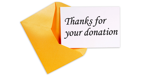 envelope with card reading thanks for your donation
