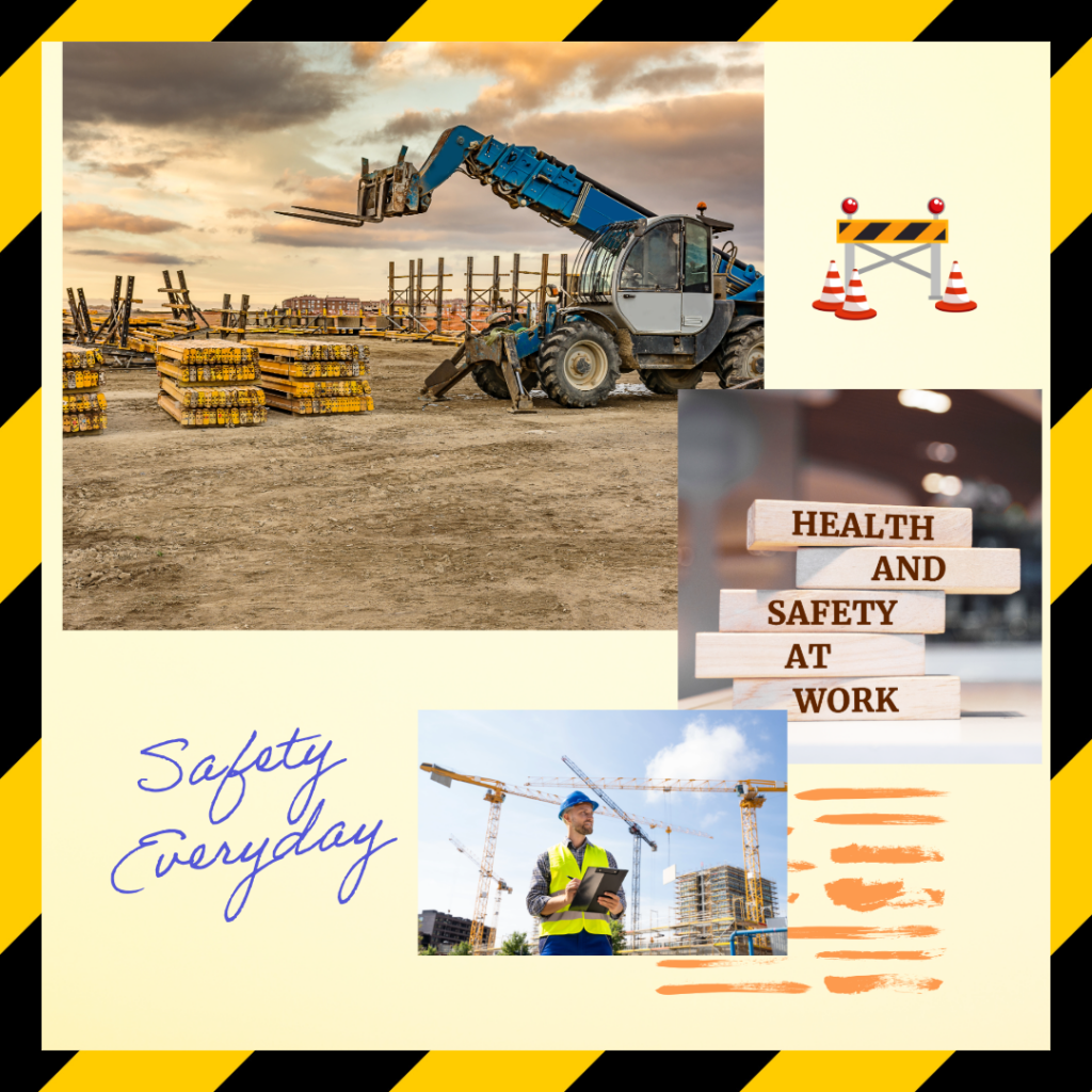 collage of 3 photos. top left photo is a forklift on a construction site stacking bags of concrete. The second center photo is a stack of wooden blocks with words "health and safety at work" on each block. Bottom photo is construction foreman standing in front of site with boom crane in background.