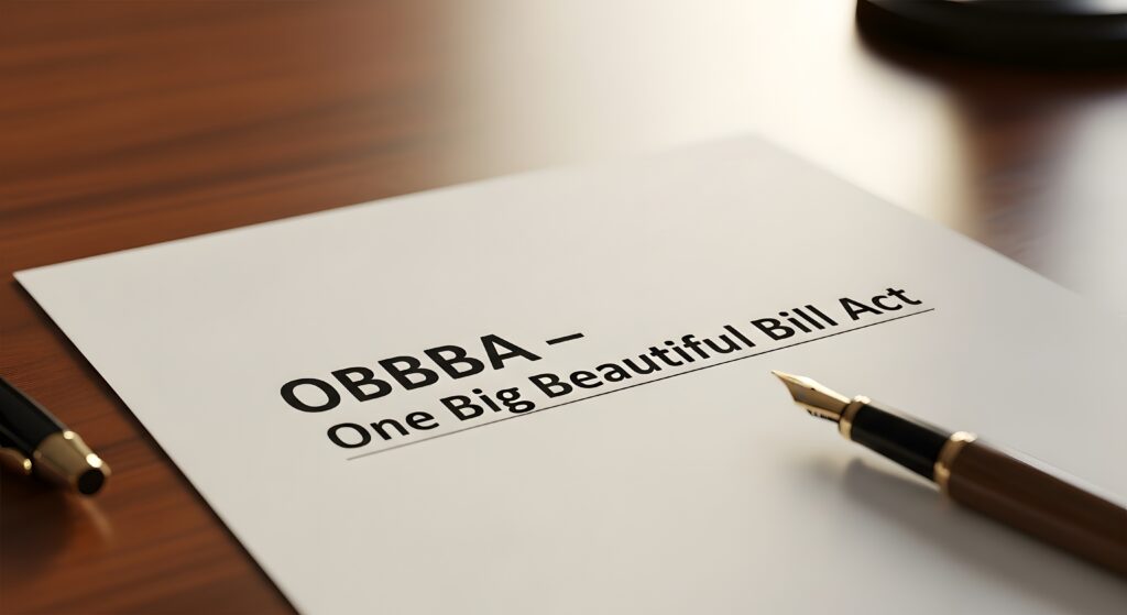 A close-up shot of a white document resting on a wooden desk. The document has the title "OBBBA - One Big Beautiful Bill Act" printed in large, black font. A classic black and gold fountain pen lies diagonally across the bottom right corner of the document, with its nib pointing towards the text. The presence of the pen suggests signing or reviewing an important legislative document.